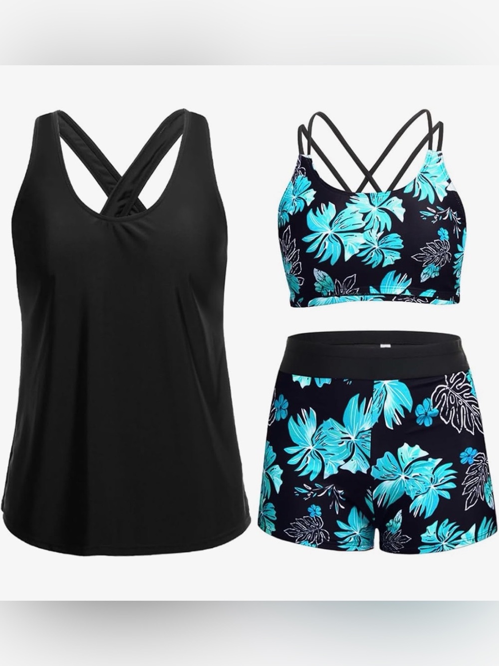NWT Holipick Black Tank w/ Aqua Blue Floral Strappy Swim Top & Shorts Set Size L
